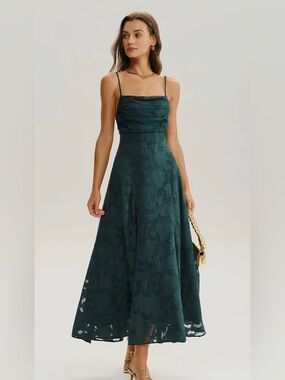NWT Rihoas Green Jacquard A-Line Slip Maxi Dress